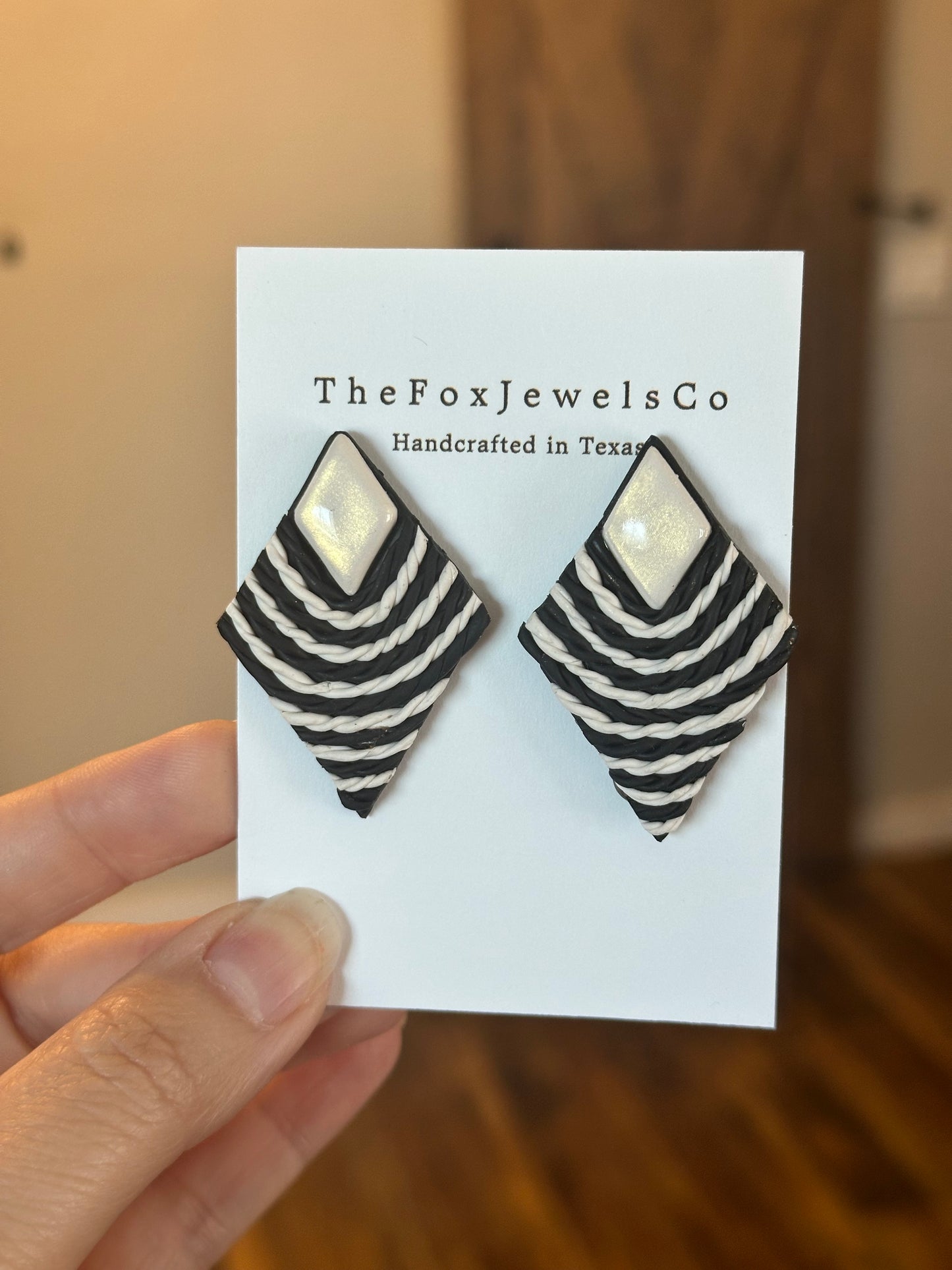 Monochrome Diamond Stud Earrings – Textured Polymer Clay with Resin Stone | Modern Statement Earrings