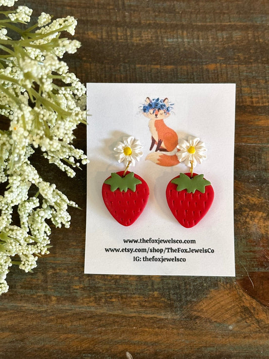 Strawberry Daisy, Earrings, Fruit earrings, Food jewelry, polymer clay earrings, Flower Earrings