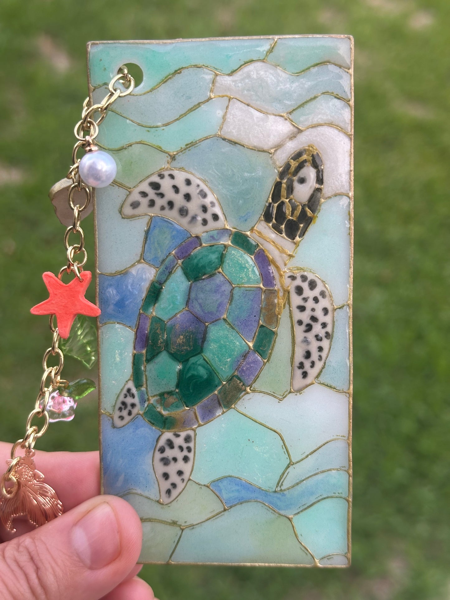 Sea Turtle Stained Glass Polymer Clay Bookmark – With Charms
