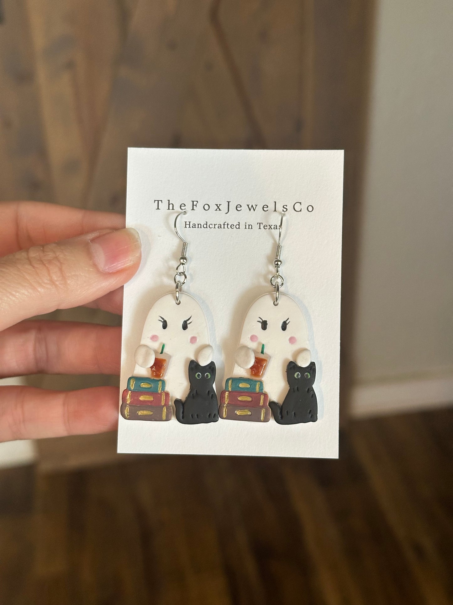 Spooky Cute Ghost Earrings – Black Cat, Book Stack & Iced Coffee