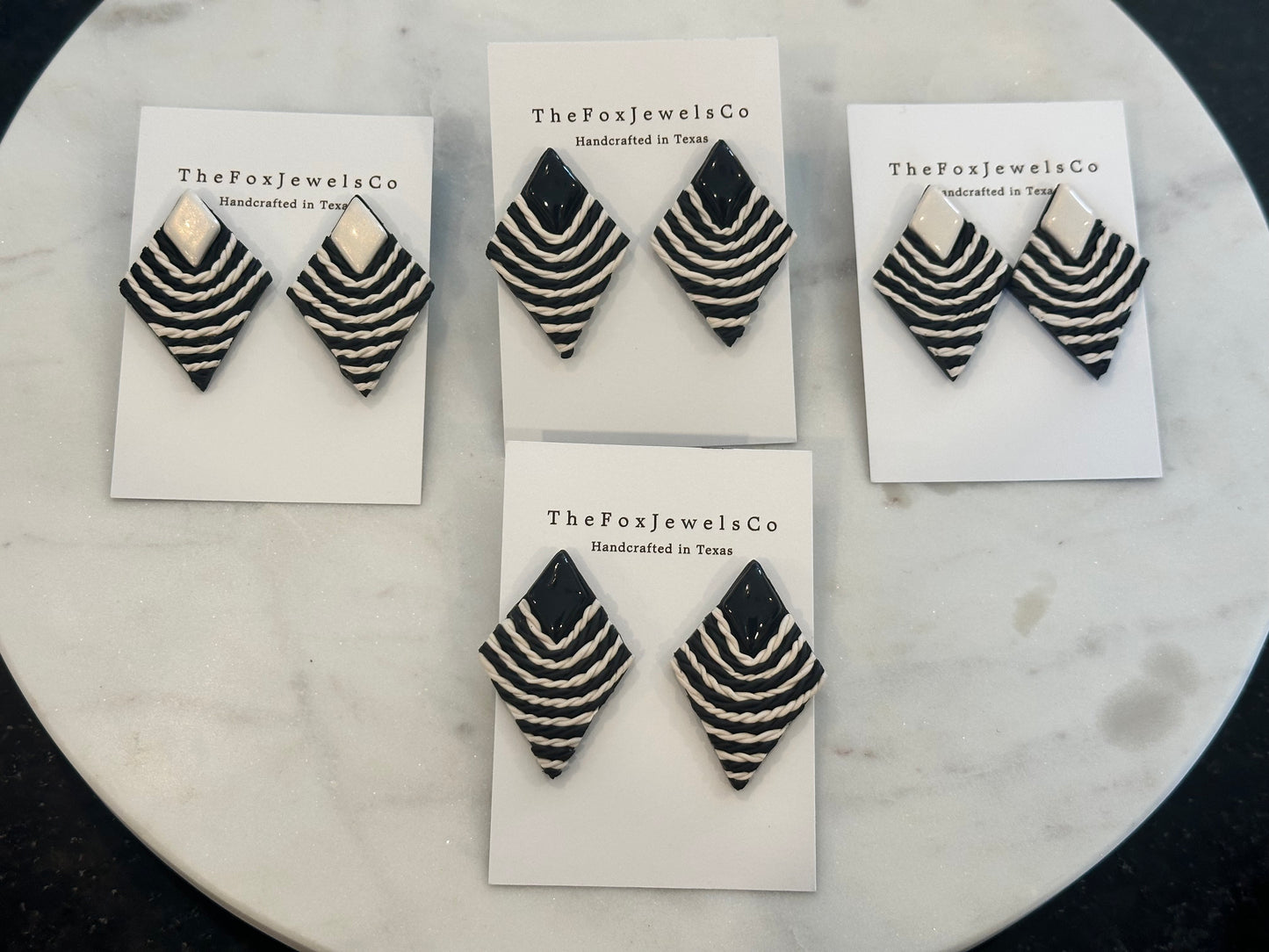 Monochrome Diamond Stud Earrings – Textured Polymer Clay with Resin Stone | Modern Statement Earrings