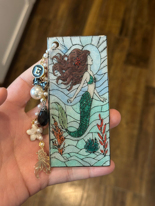 Mermaid Stained Glass Style Bookmark – Polymer Clay with Pearl Chain & Charms