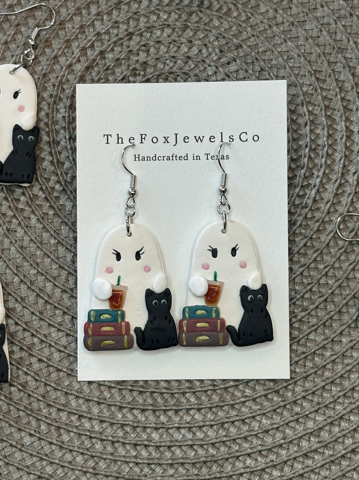 Spooky Cute Ghost Earrings – Black Cat, Book Stack & Iced Coffee