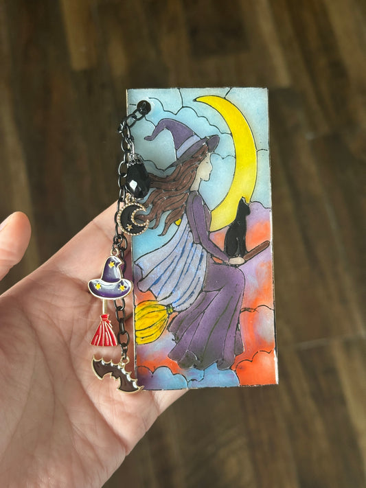 Handmade Stained Glass-Inspired Witch Bookmark – Polymer Clay with Halloween Charms