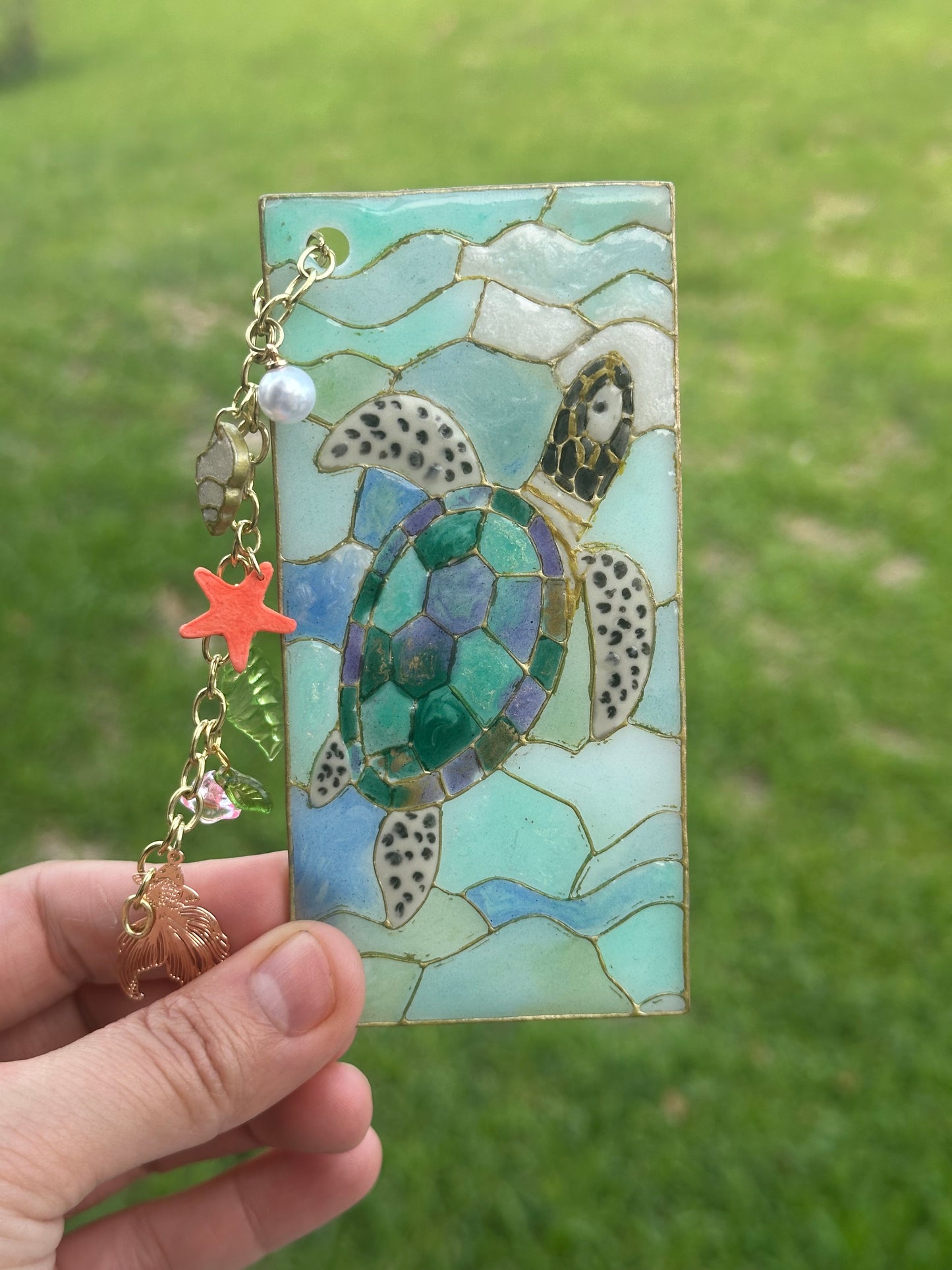 Sea Turtle Stained Glass Polymer Clay Bookmark – With Charms
