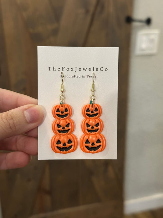 Stacked Jack O’Lantern Earrings – Handmade Polymer Clay Halloween Statement Jewelry