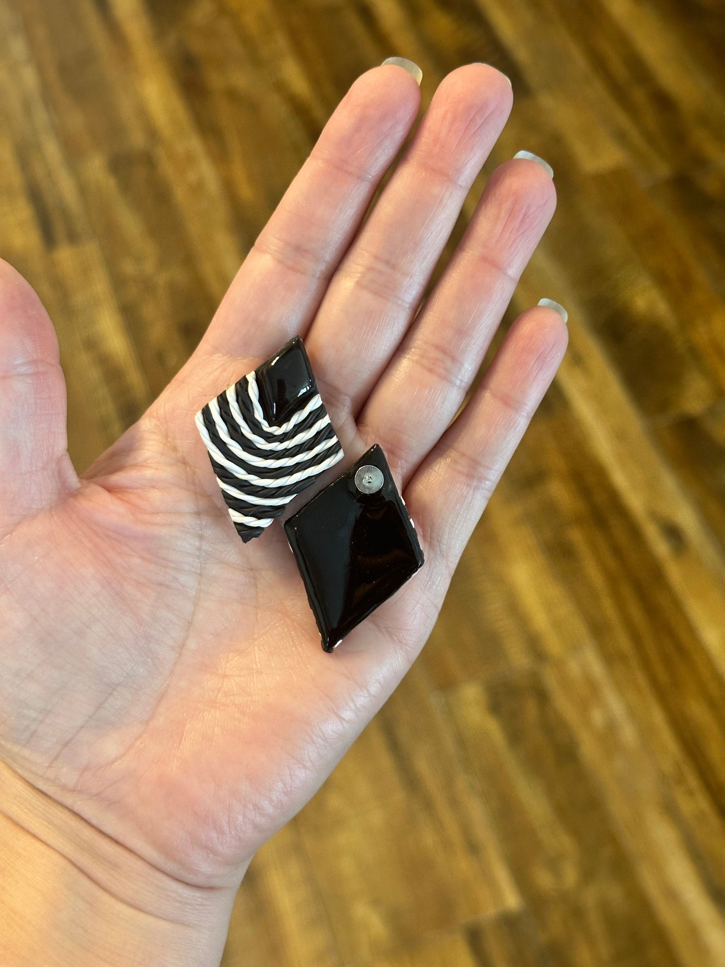 Monochrome Diamond Stud Earrings – Textured Polymer Clay with Resin Stone | Modern Statement Earrings