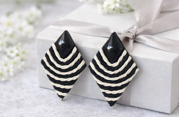 Black and White Geometric Polymer Clay Earrings – Modern Diamond Stud Earrings
