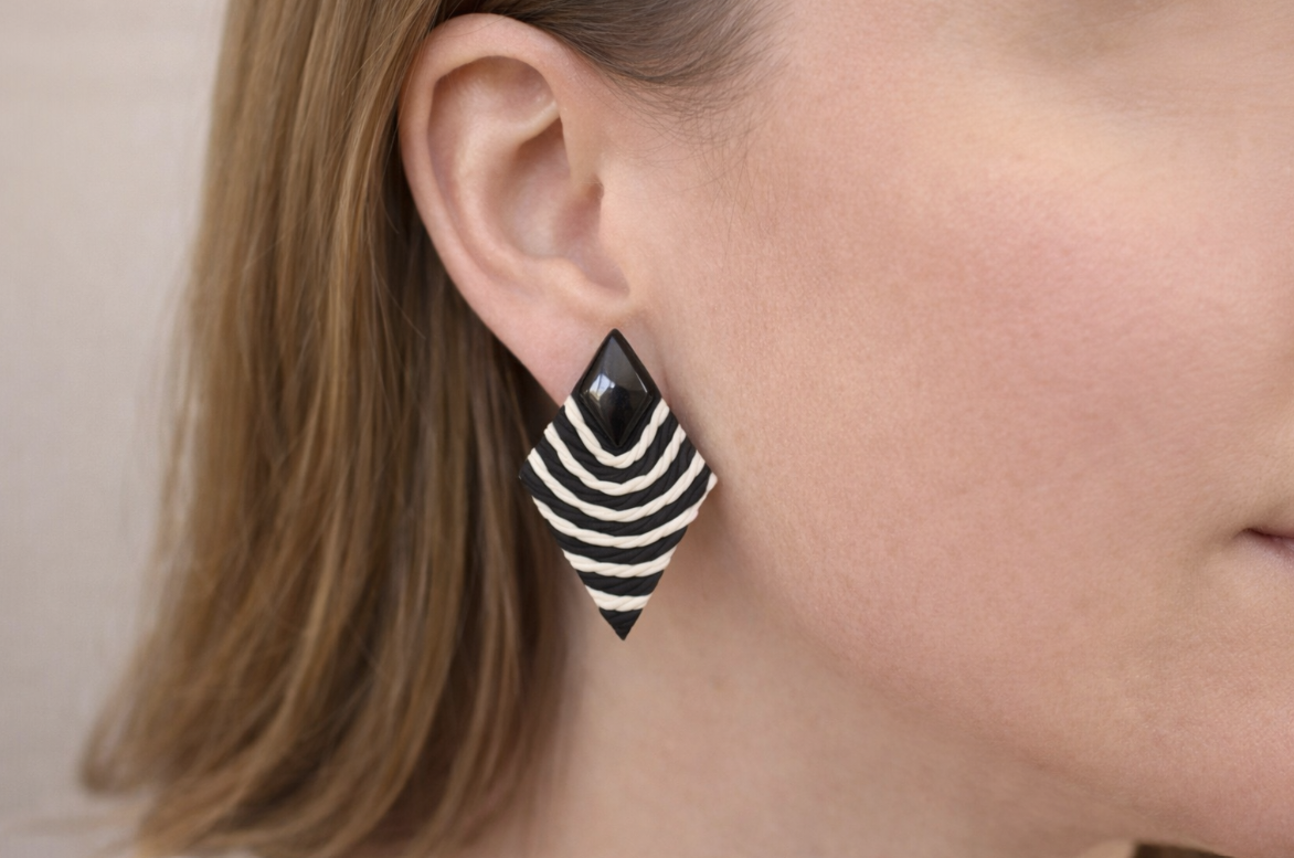 Black and White Geometric Polymer Clay Earrings – Modern Diamond Stud Earrings