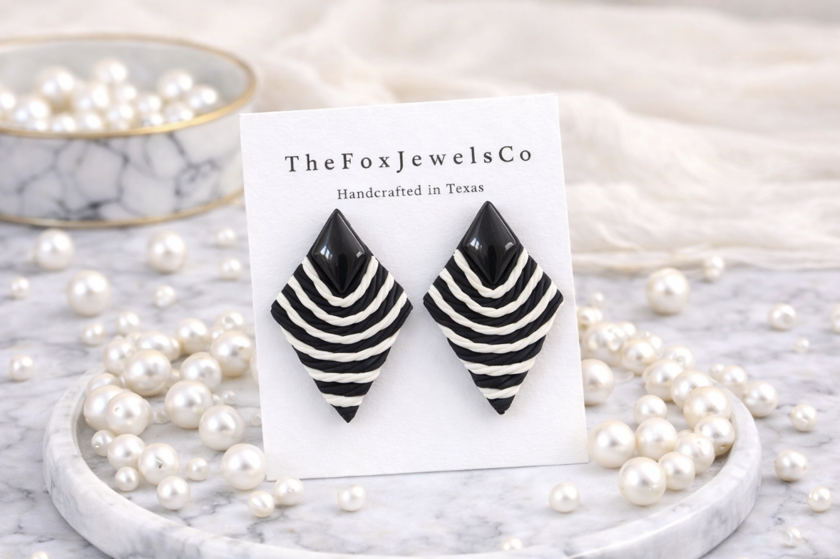 Black and White Geometric Polymer Clay Earrings – Modern Diamond Stud Earrings