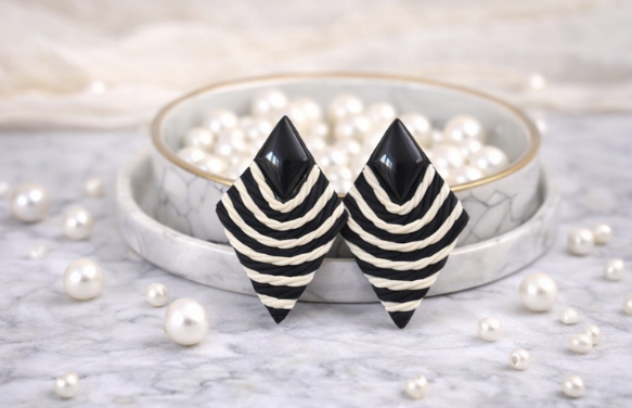 Black and White Geometric Polymer Clay Earrings – Modern Diamond Stud Earrings