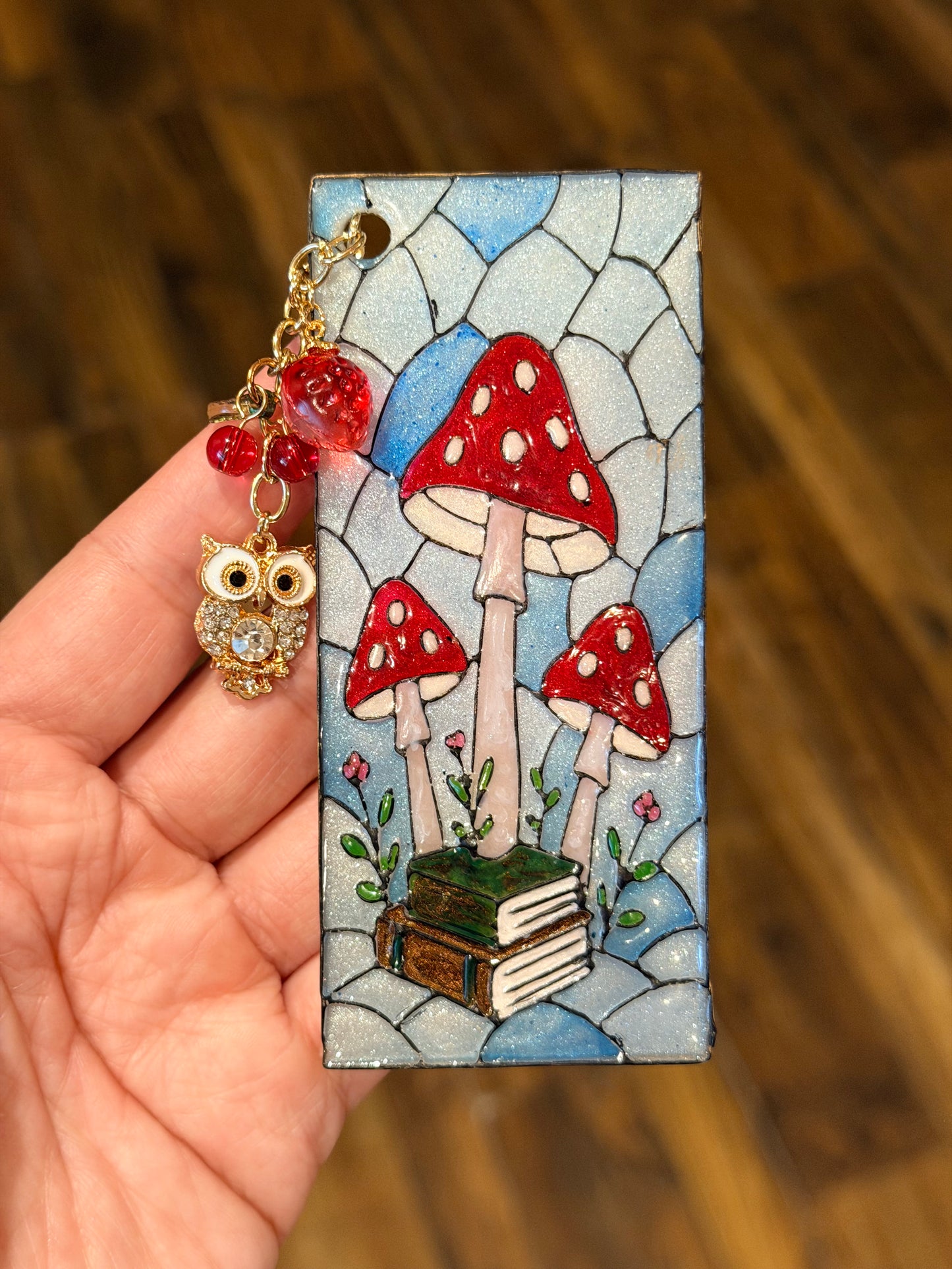 Stained Glass Mushroom Bookmark with Charms – Handmade Polymer Clay & Resin