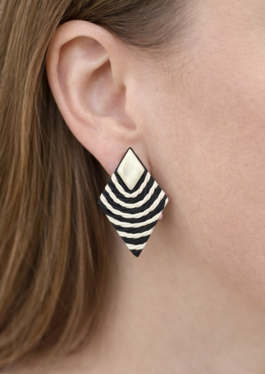 Black and White Geometric Polymer Clay Earrings – Modern Diamond Stud Earrings