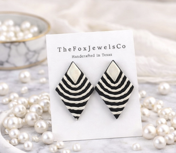 Black and White Geometric Polymer Clay Earrings – Modern Diamond Stud Earrings