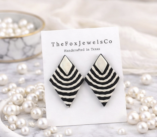 Black and White Geometric Polymer Clay Earrings – Modern Diamond Stud Earrings