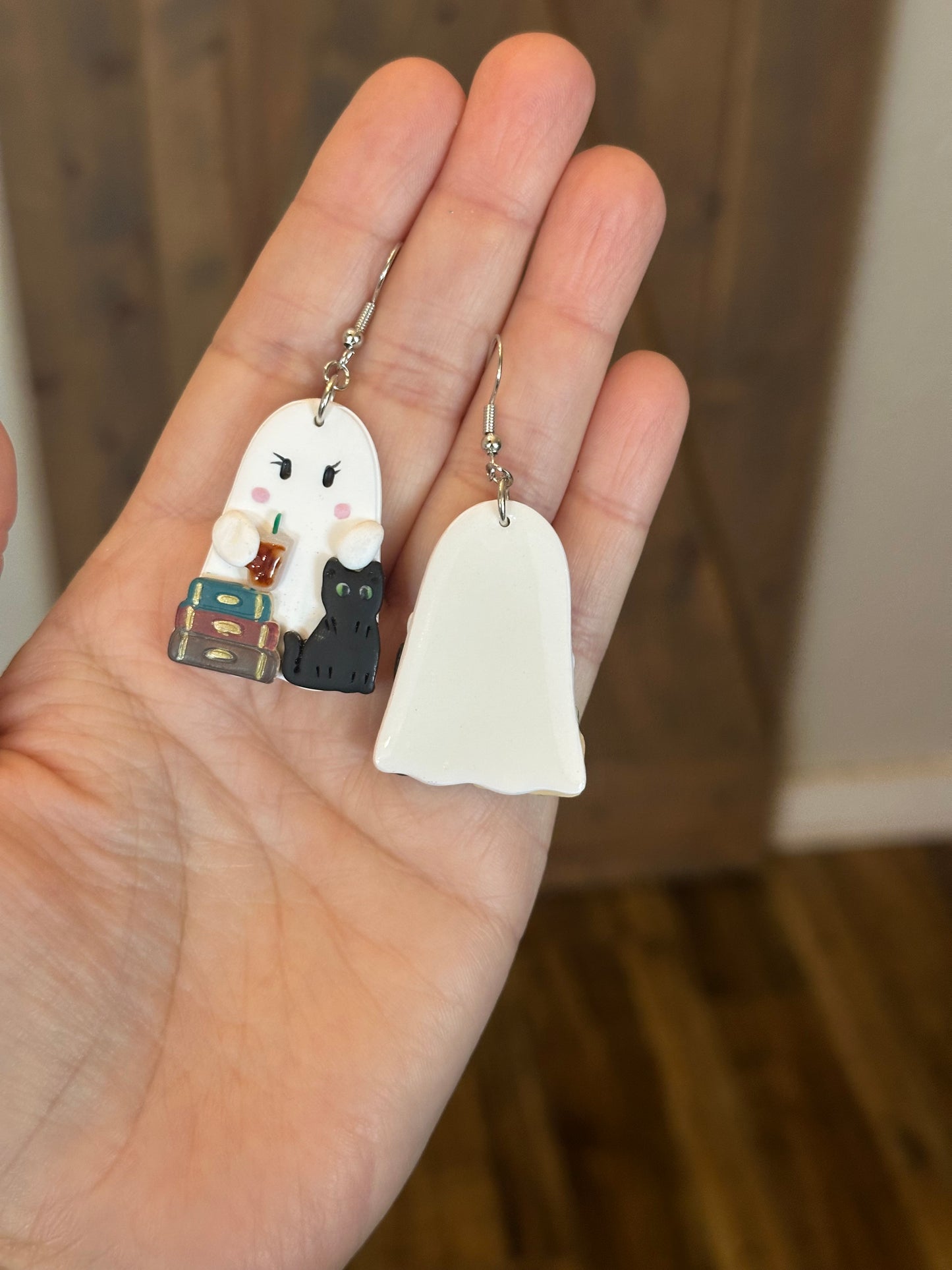 Spooky Cute Ghost Earrings – Black Cat, Book Stack & Iced Coffee