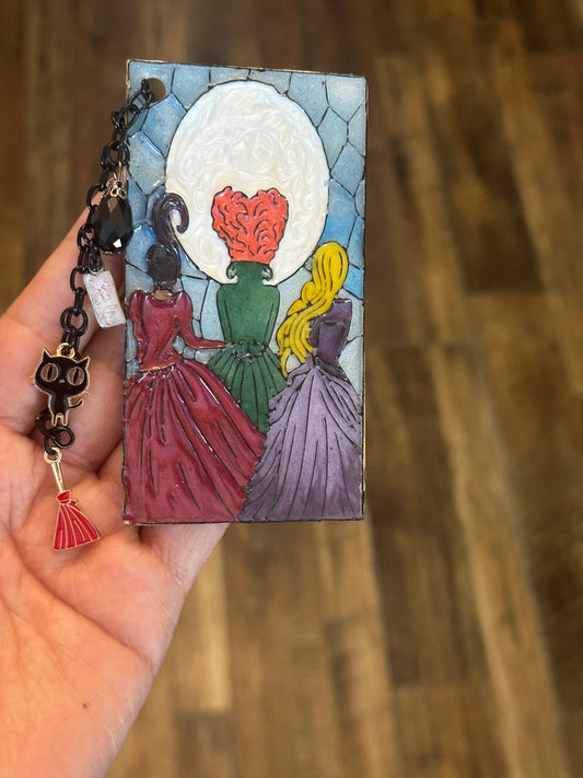 Sanderson Sisters Stained Glass-Inspired Polymer Clay Bookmark – Handmade with Charms & Black Flame Candle