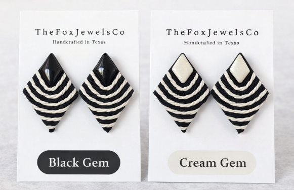 Black and White Geometric Polymer Clay Earrings – Modern Diamond Stud Earrings