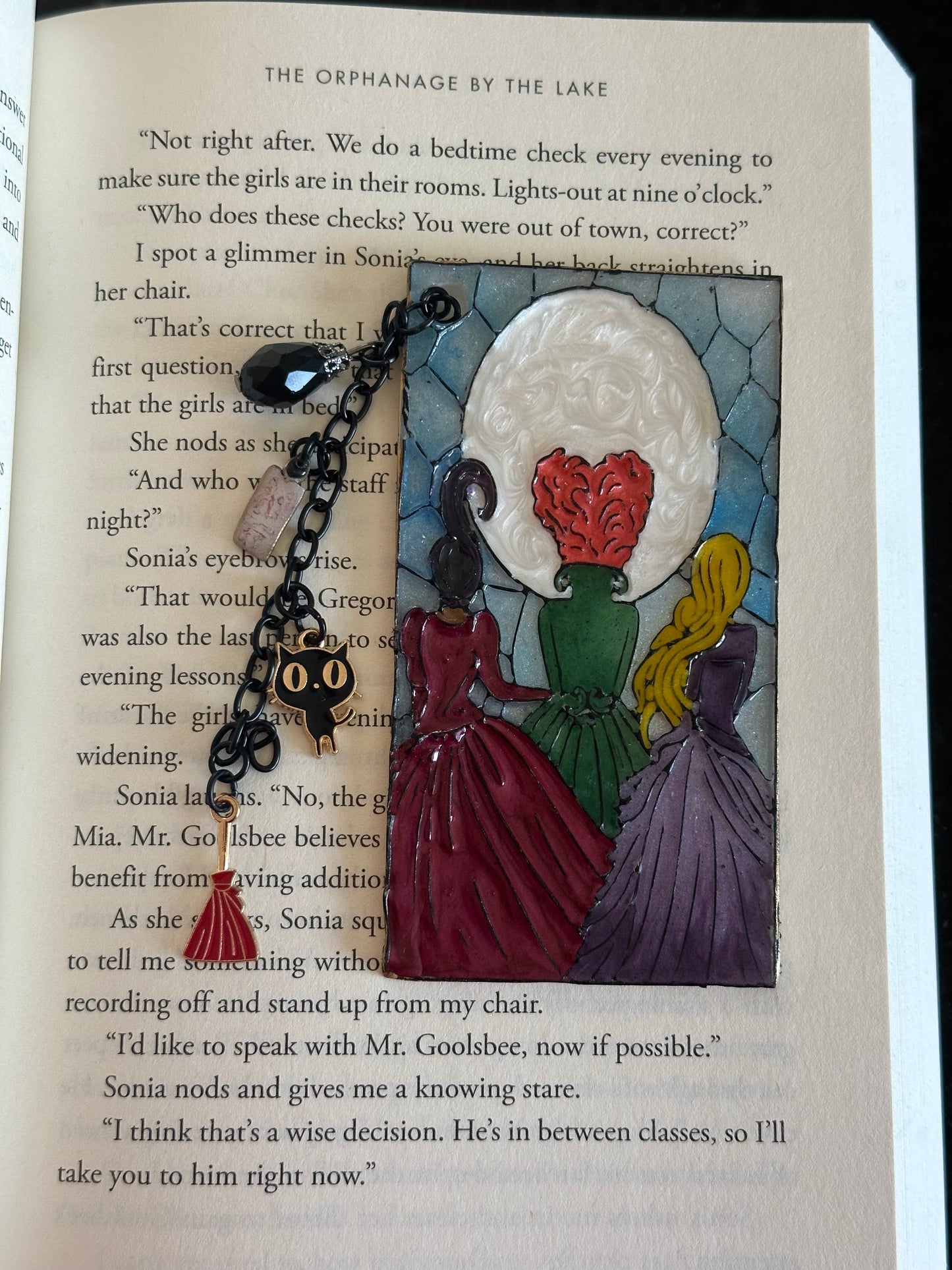 Sanderson Sisters Stained Glass-Inspired Polymer Clay Bookmark – Handmade with Charms & Black Flame Candle