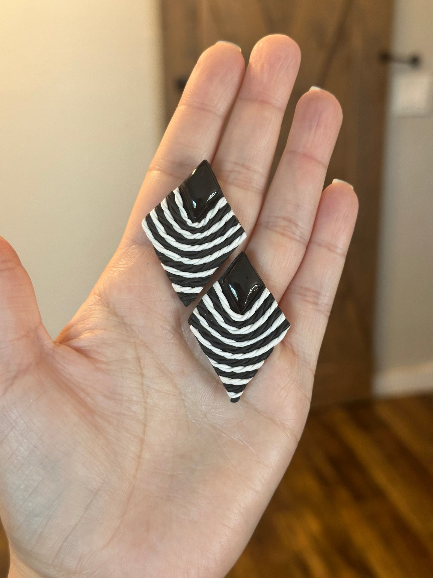 Monochrome Diamond Stud Earrings – Textured Polymer Clay with Resin Stone | Modern Statement Earrings