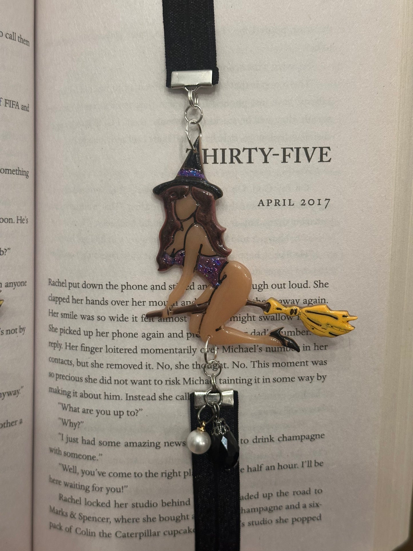 Sexy Witch Elastic Bookmark – Glitter Bodysuit on Broom (Black or Purple)