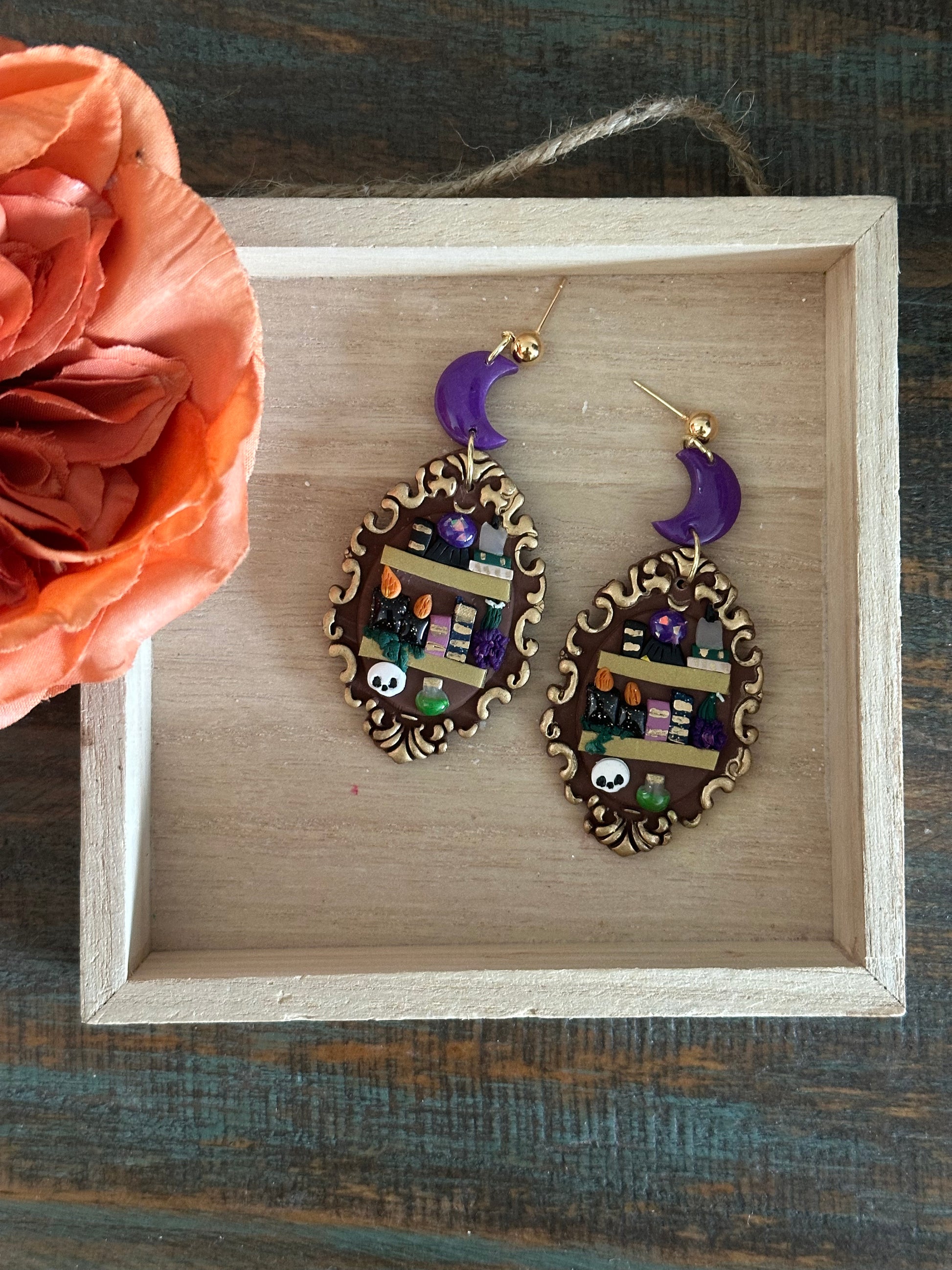 Bookshelf, Earrings, Polymer Clay, Halloween, Book Lovers