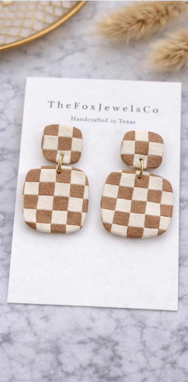 Checkered Clay Earrings | Retro Statement Dangle Earrings | Lightweight Handmade Polymer Clay Jewelry | Neutral + Olive Green