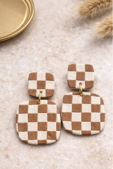 Checkered Clay Earrings | Retro Statement Dangle Earrings | Lightweight Handmade Polymer Clay Jewelry | Neutral + Olive Green