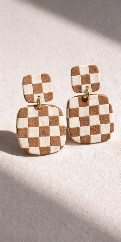 Checkered Clay Earrings | Retro Statement Dangle Earrings | Lightweight Handmade Polymer Clay Jewelry | Neutral + Olive Green