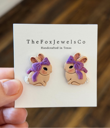Easter Bunny Stud Earrings with Purple Bow – Polymer Clay Bunny Earrings