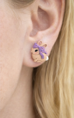 Easter Bunny Stud Earrings with Purple Bow – Polymer Clay Bunny Earrings