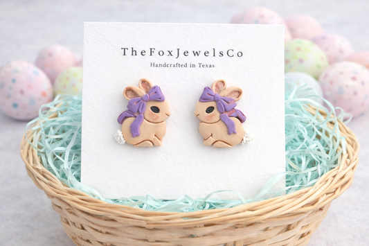 Easter Bunny Stud Earrings with Purple Bow – Polymer Clay Bunny Earrings