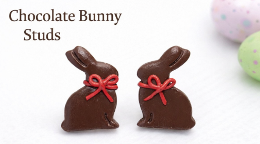 Handmade chocolate bunny stud earrings made from polymer clay with a red bow, cute Easter bunny jewelry.