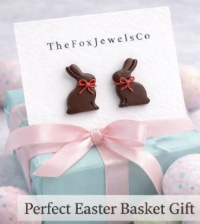 Handmade chocolate bunny stud earrings made from polymer clay with a red bow, cute Easter bunny jewelry.