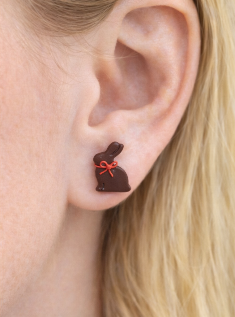 Handmade chocolate bunny stud earrings made from polymer clay with a red bow, cute Easter bunny jewelry.
