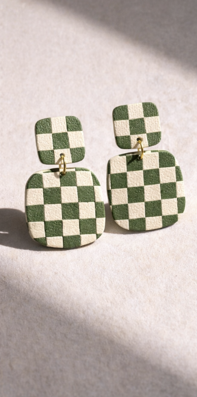 Checkered Clay Earrings | Retro Statement Dangle Earrings | Lightweight Handmade Polymer Clay Jewelry | Neutral + Olive Green