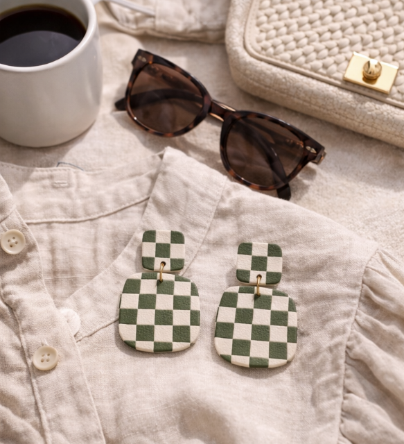 Checkered Clay Earrings | Retro Statement Dangle Earrings | Lightweight Handmade Polymer Clay Jewelry | Neutral + Olive Green