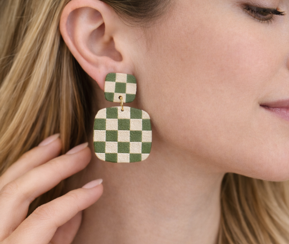Checkered Clay Earrings | Retro Statement Dangle Earrings | Lightweight Handmade Polymer Clay Jewelry | Neutral + Olive Green