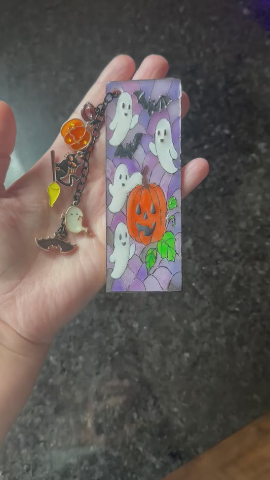 Halloween Ghost and Pumpkin Bookmark – Polymer Clay Stained Glass Bookmark with Gold Chain and Charms | Spooky Gift for Readers