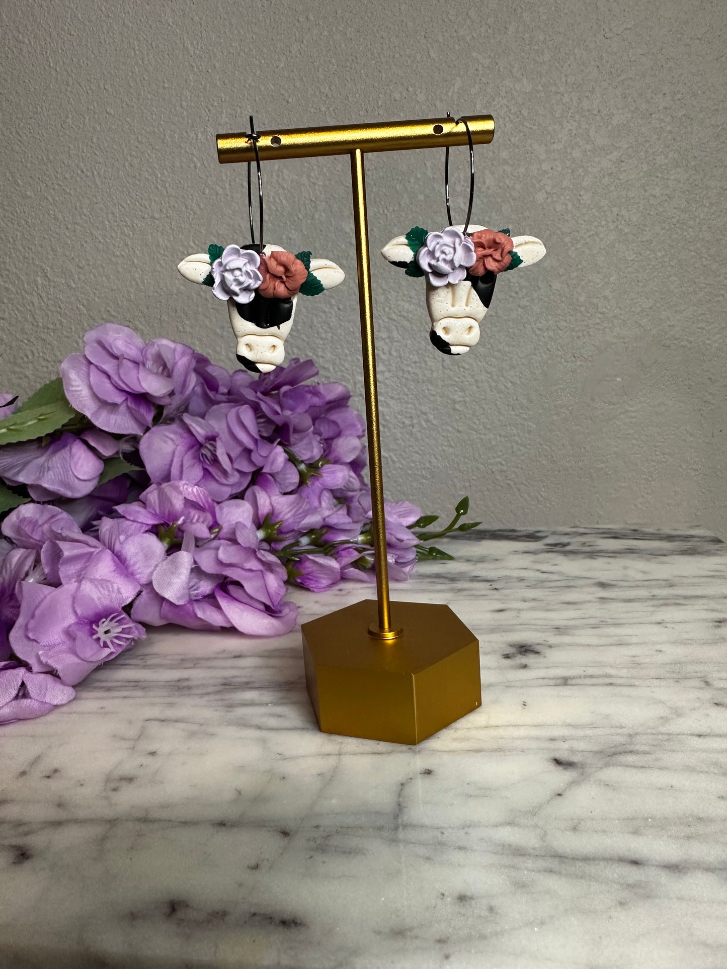 Floral Cow Hoop Earrings