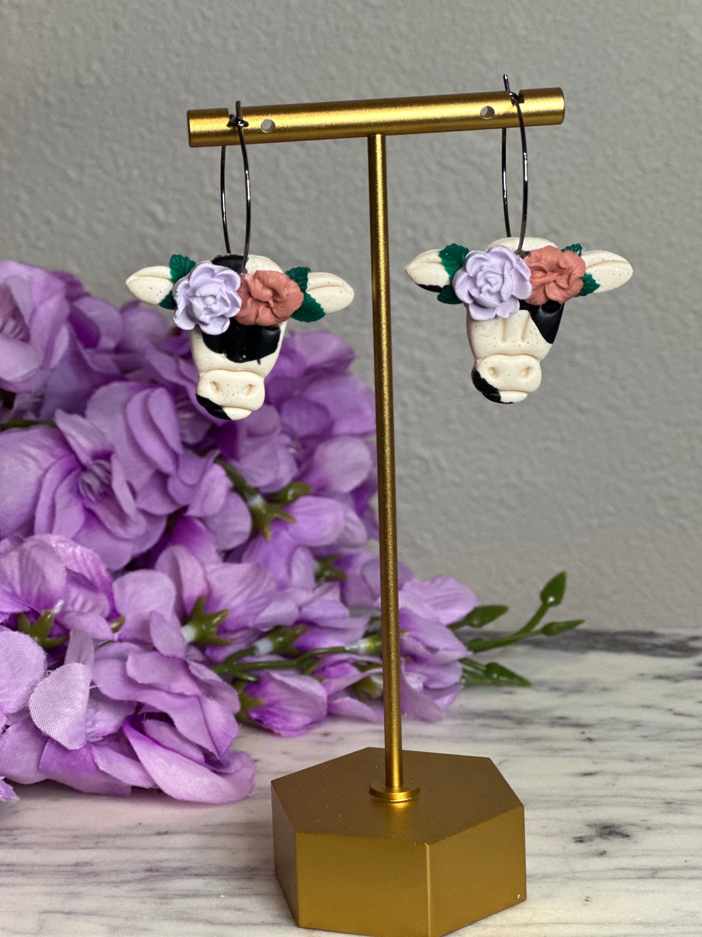 Floral Cow Hoop Earrings